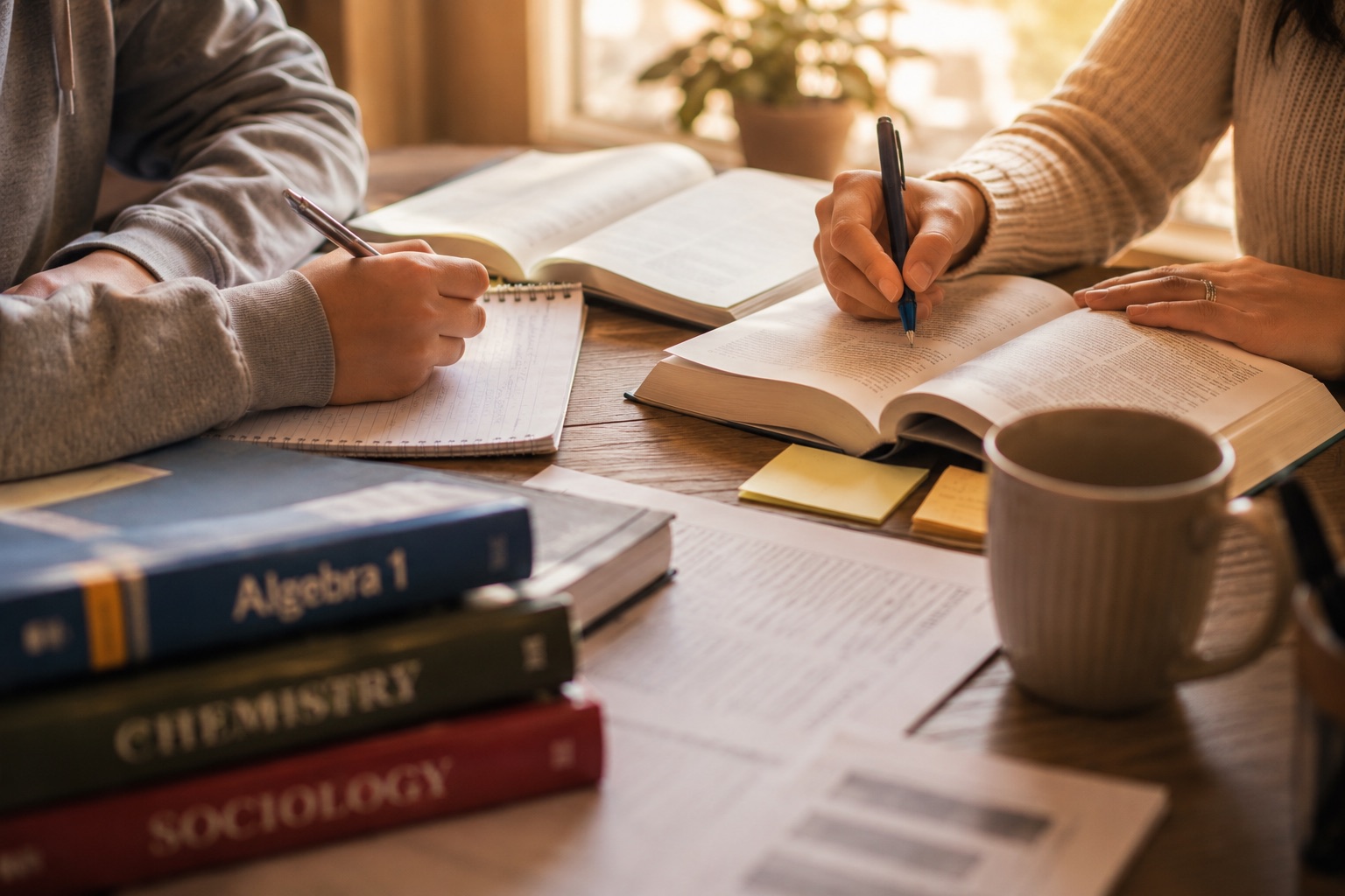 A certified NJ teacher and a student work through a lesson together at a wooden table, textbooks and notebooks spread out between them